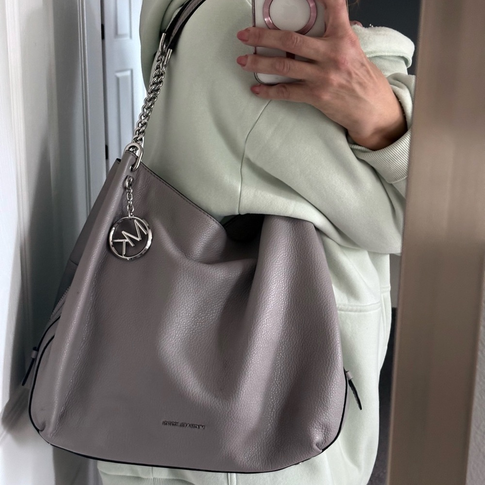 Michael Kors Lillie Taupe Gray Stone Pebbled Leather w Silver Charm Hobo Bag